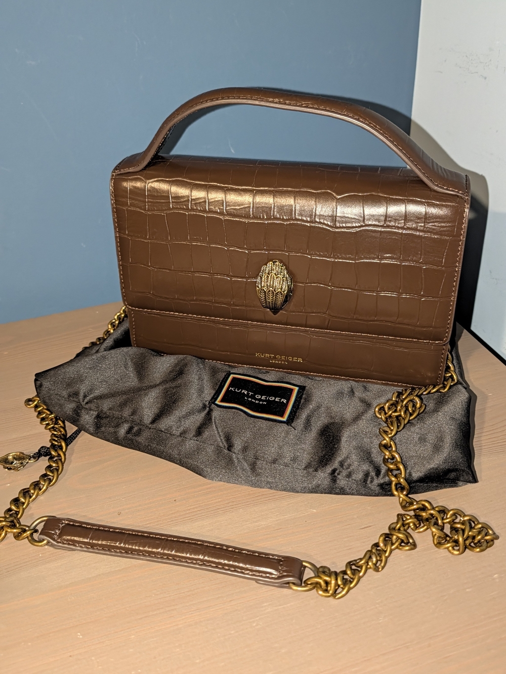 Kurt Geiger Brown Croc-Embossed Top-Handle Shoulder Bag with Gold Chain